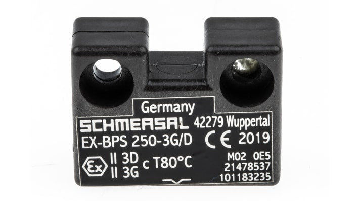 Interruttore di sicurezza Schmersal EX-BPS 250-3G/D, senza contatto, dimensioni 13 x 33 x 25 mm, protezione IP67, per ambienti industriali.