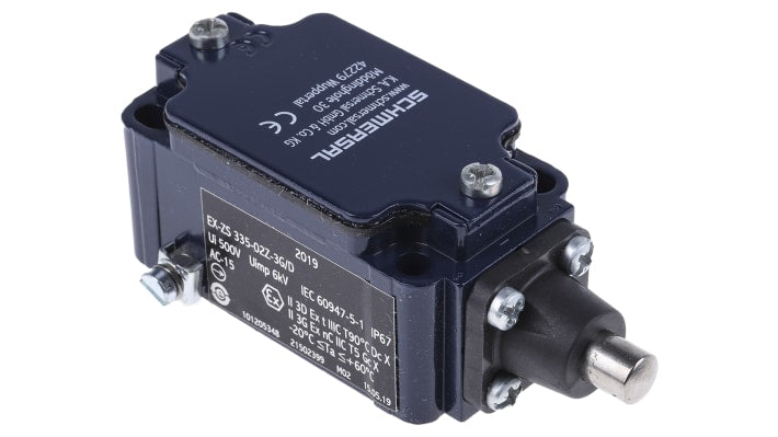 Schmersal EX-ZS 335-02Z-3G/D, interruttore di fine corsa a pistone NC, 230V, custodia metallica, IP67, dimensioni 66,5mm x 40,5mm x 38mm.