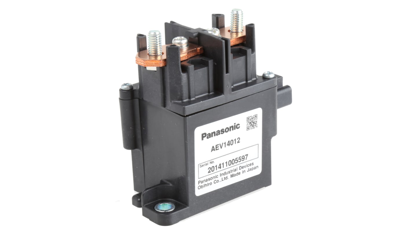 Relè automotive Panasonic AEV14012, 12V cc, 120A, SPST, montaggio su flangia, dimensioni 82,75x80x40 mm. Temperatura operativa -40/+80 gradi.