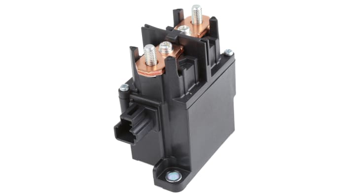 Relè automotive Panasonic AEV14012, 12V cc, 120A, SPST, montaggio su flangia, dimensioni 82,75x80x40 mm. Temperatura operativa -40/+80 gradi.