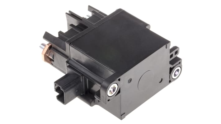 Relè automotive Panasonic AEV14024, 24V cc, 120A, SPST, montaggio su flangia, dimensioni 82,75x80x40 mm.