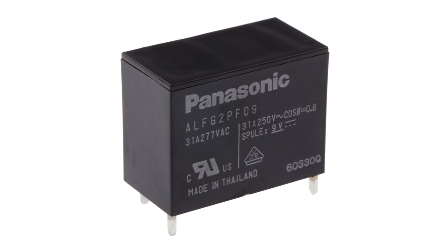 Relè di potenza Panasonic SPST, bobina 9V cc, montaggio su PCB, dimensioni 30.1mm x 23.3mm x 15.7mm, corrente 31A.