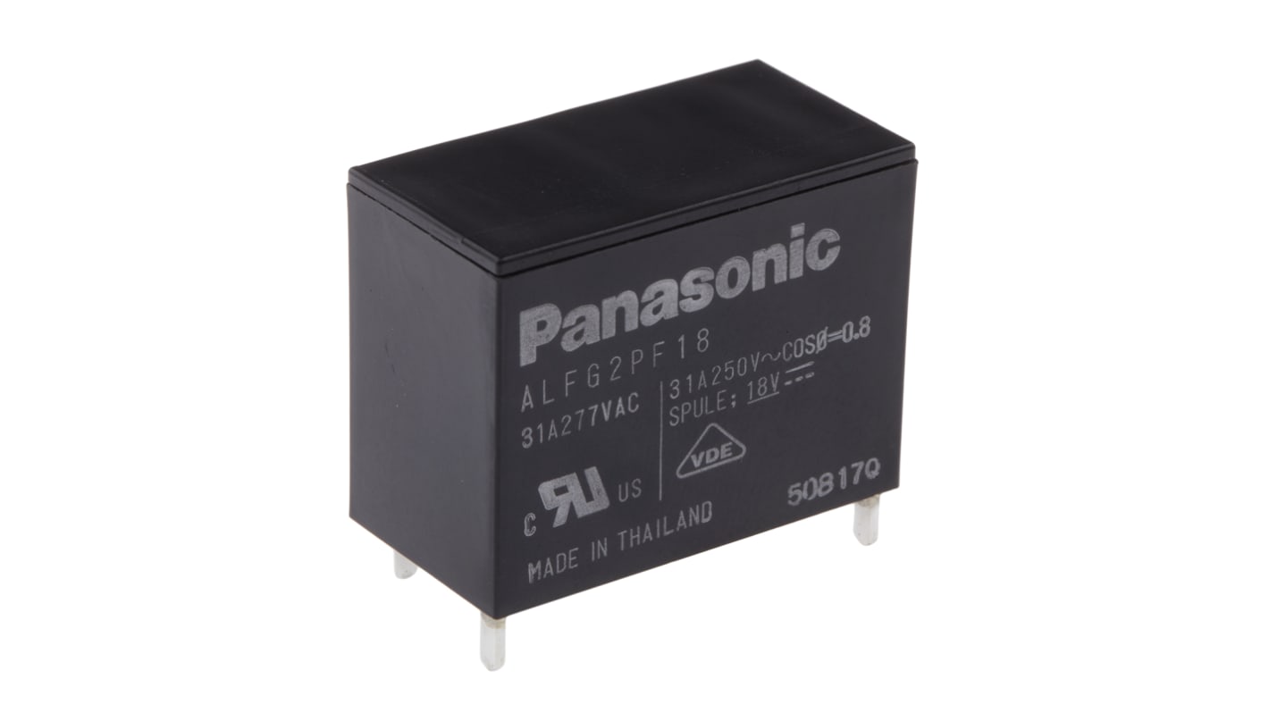 Relè di potenza Panasonic SPST, 18V cc, montaggio su PCB, dimensioni 30.1mm x 15.7mm x 23.3mm, corrente 31A.