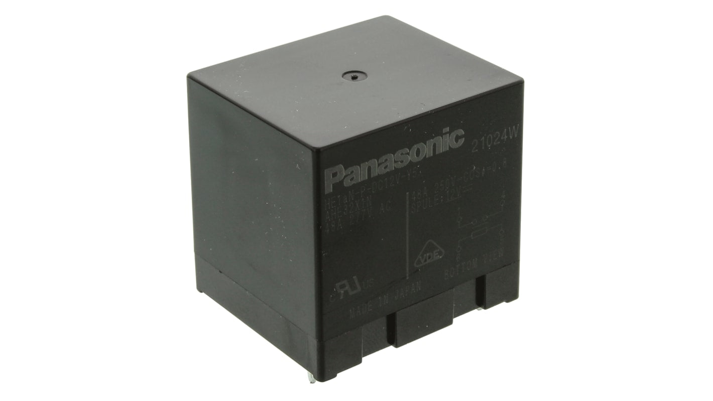 Relè di potenza Panasonic HE1AN-P-DC12V-Y5 SPST per montaggio su PCB, 12V cc, 48A, dimensioni 38mm x 36.3mm x 33mm.