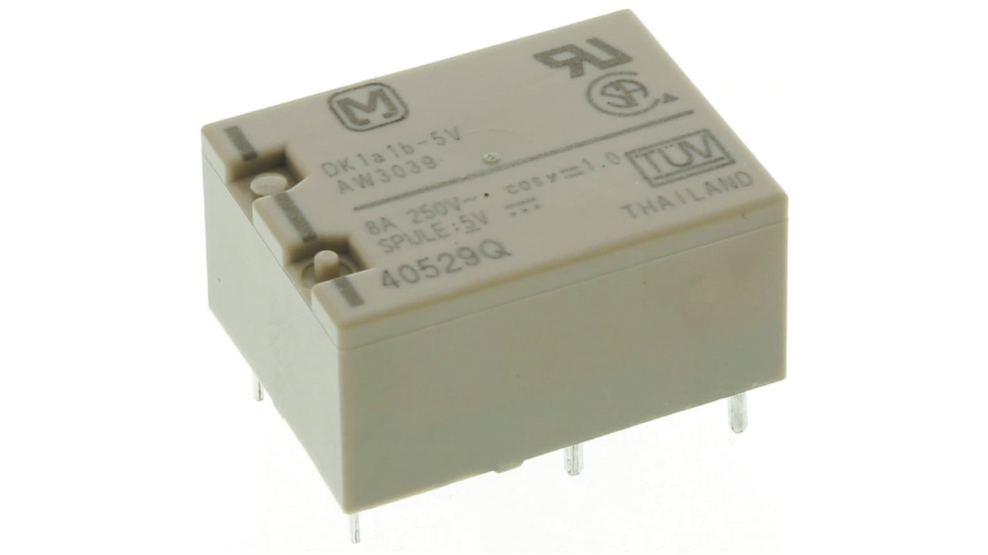 Relè di potenza Panasonic DPST, montaggio su PCB, bobina 5V cc, corrente 8A, dimensioni 10 x 20 x 12,5 mm.