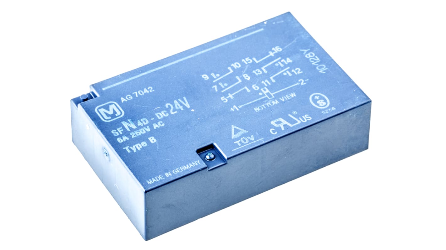 Relè contatti guidati Panasonic SFN4D-DC24V per montaggio su circuito stampato, 4PST DPST, 24V cc, altezza 14,5 mm.