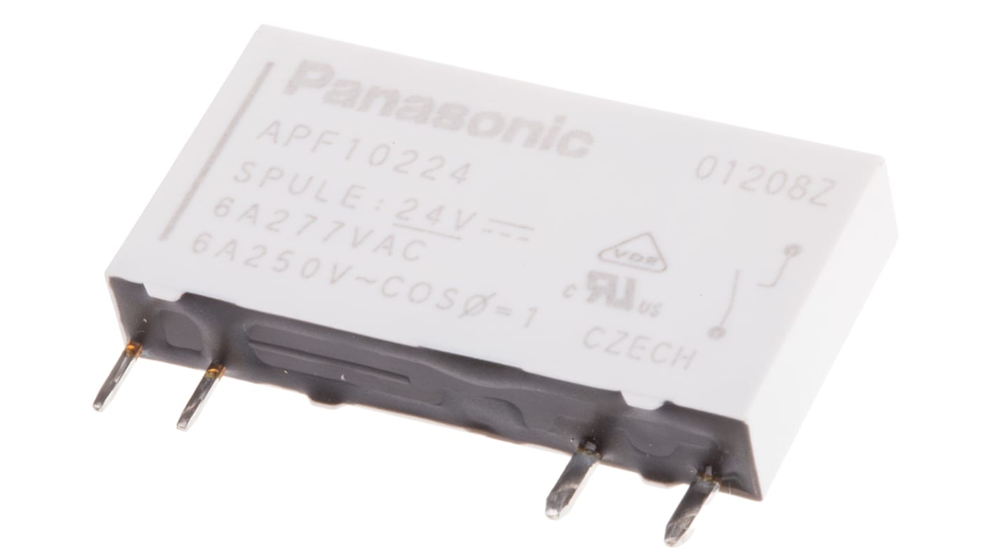 Relè di potenza Panasonic SPST, 24V cc, montaggio su PCB, corrente 6 A, dimensioni 28 mm x 15 mm x 5 mm.