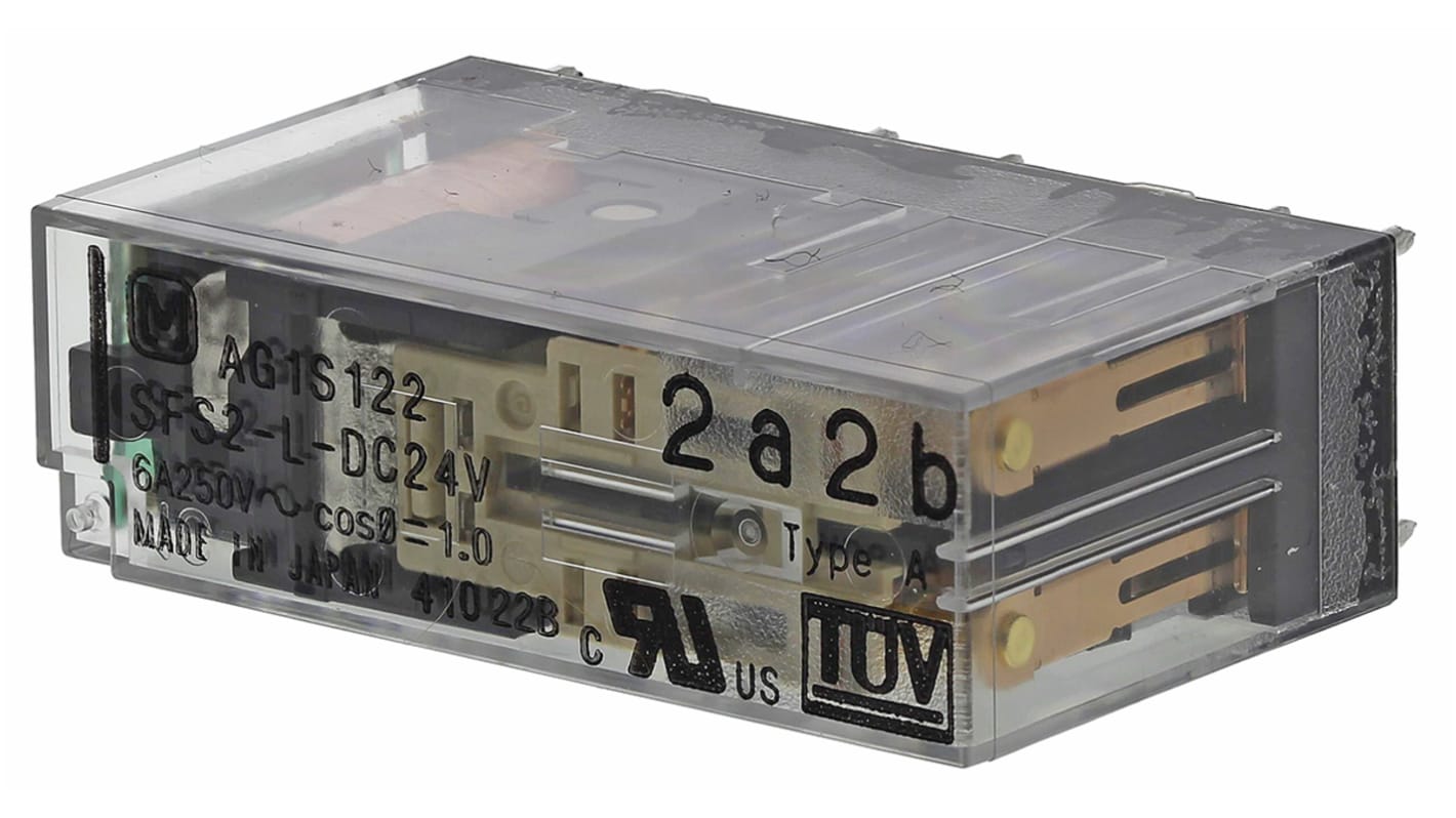 Relè Panasonic SFS2-L-DC24V DPDT a montaggio su PCB, 24V cc, 6A, profilo sottile 13mm, temperatura operativa -40°C/+85°C.