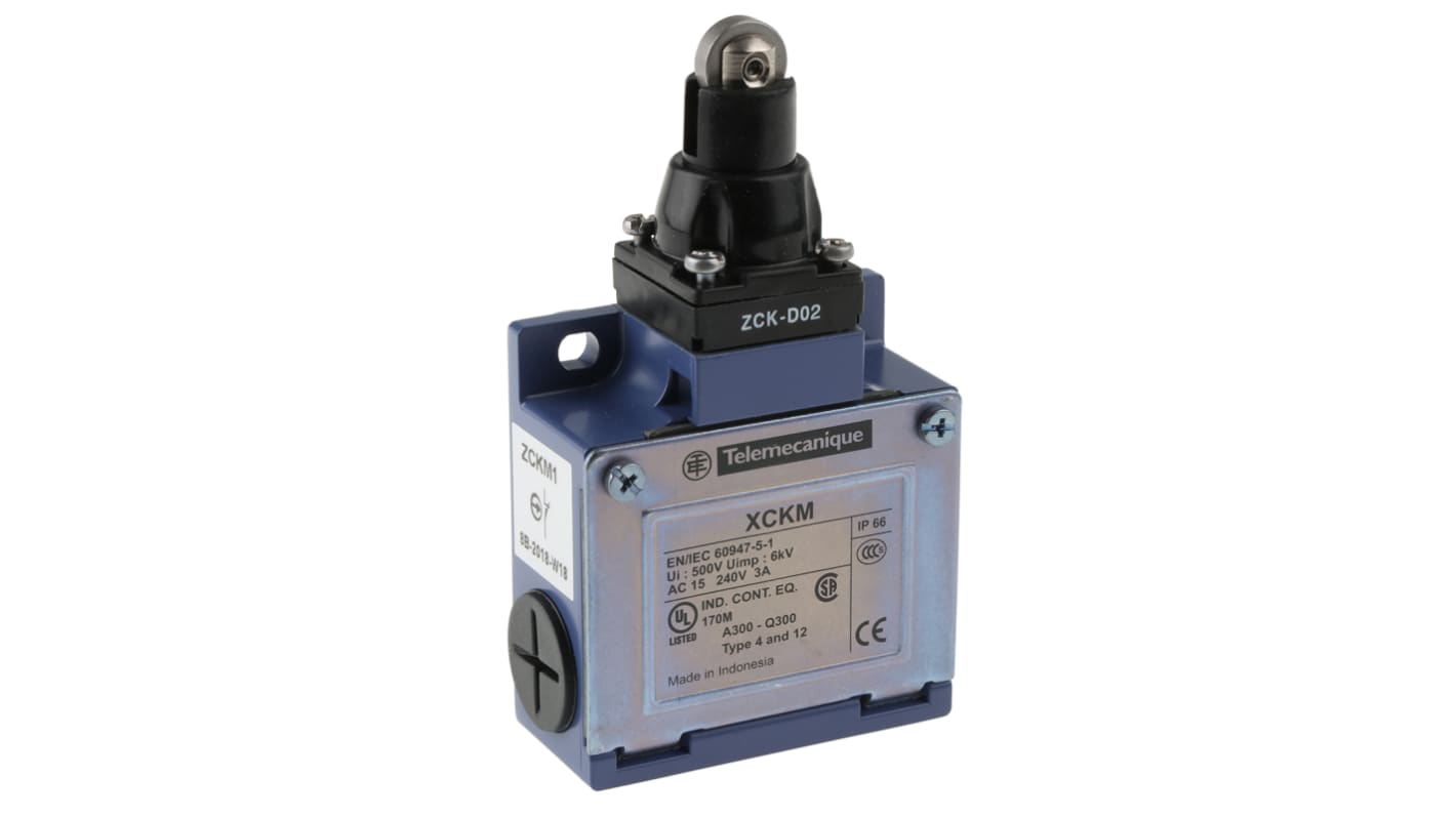 Interruttore di fine corsa Telemecanique XCKM102, stantuffo NO/NC, 240V, 10A, IP66. Adatto per applicazioni industriali.