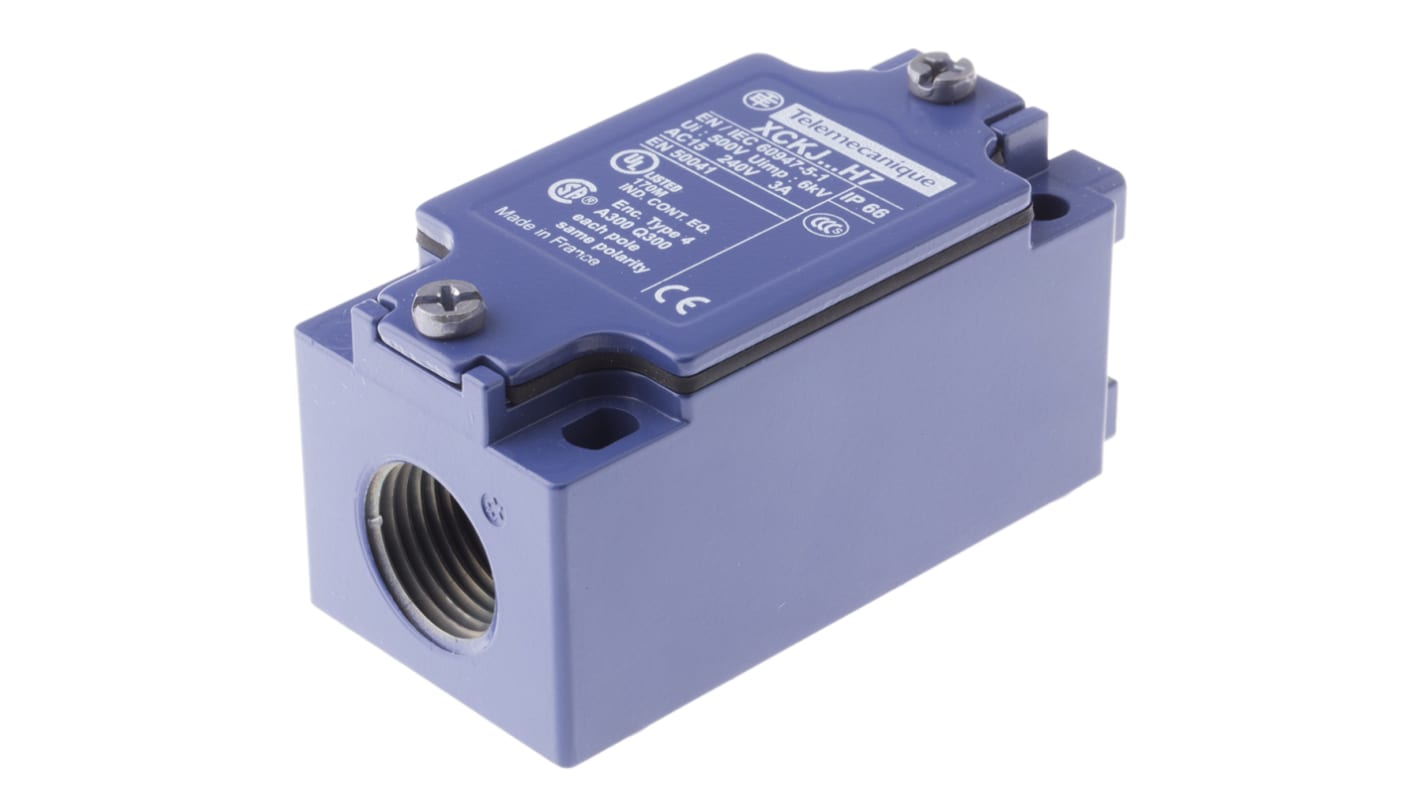 Interruttore di fine corsa Telemecanique Sensors ZCKJ2H7, corpo metallico, contatti placcati argento, IP65, dimensioni 73x30x30mm.