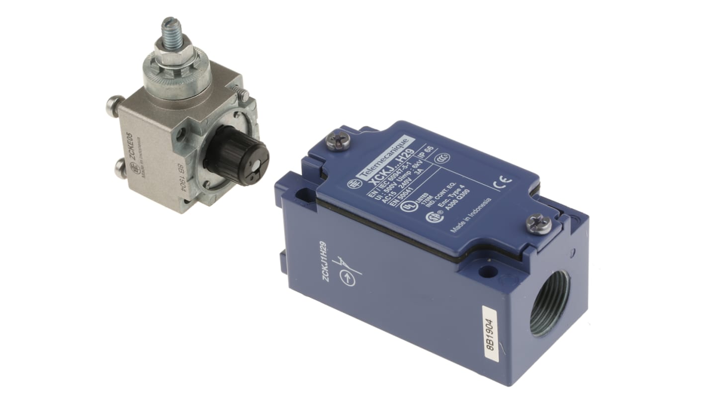 Interruttore di fine corsa Telemecanique Sensors XCKJ10541H29, leva NO/NC, IP66, 240V, 10A, dimensioni 77mm x 40mm x 44mm.