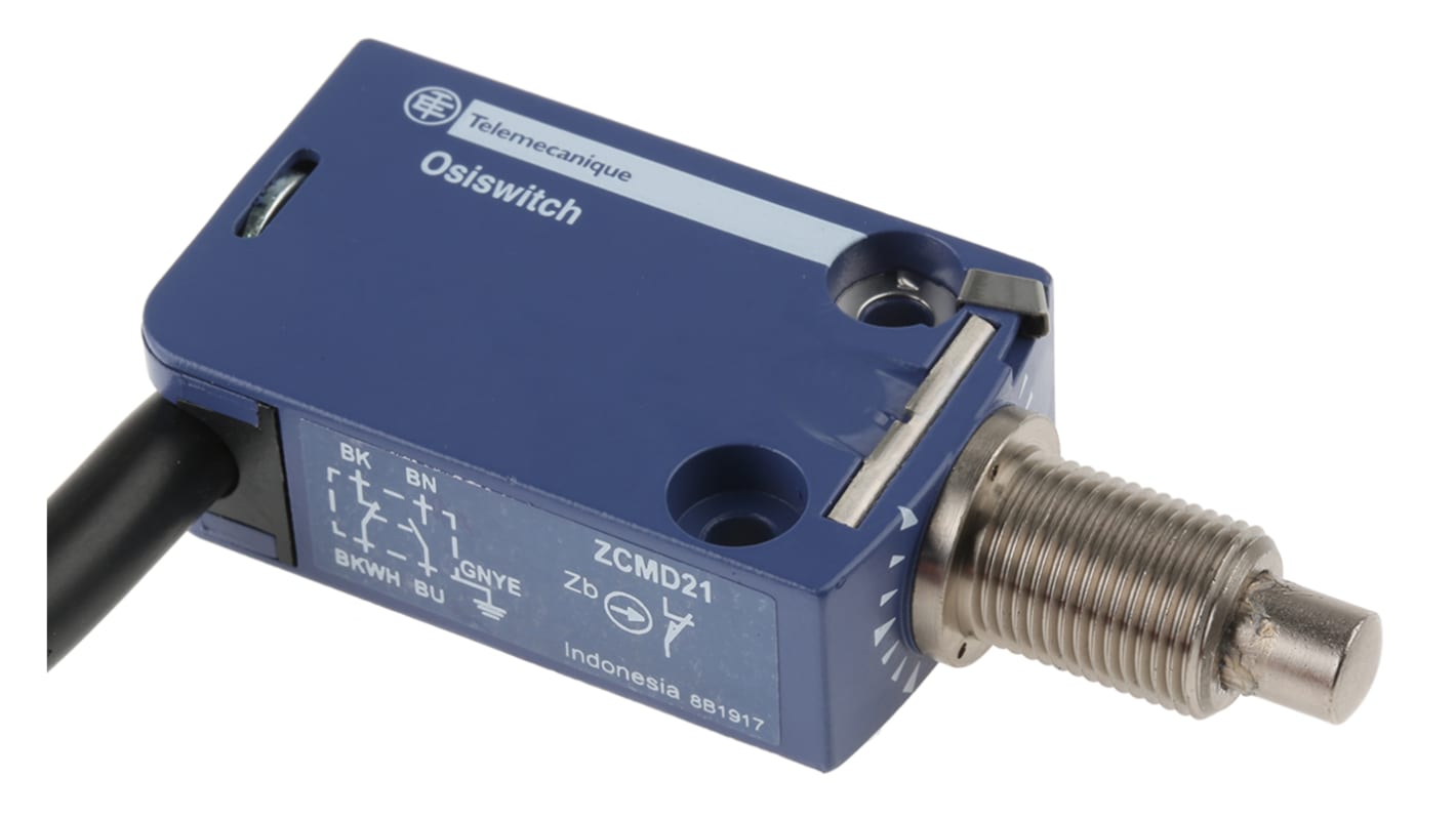 Interruttore di fine corsa Telemecanique Sensors XCMD21F0L1, attuatore a stantuffo NO/NC, protezione IP66/IP67/IP68, dimensioni 50mm x 30mm x 16mm.
