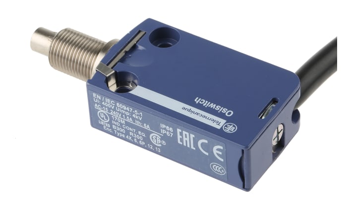 Interruttore di fine corsa Telemecanique Sensors XCMD21F0L1, attuatore a stantuffo NO/NC, protezione IP66/IP67/IP68, dimensioni 50mm x 30mm x 16mm.