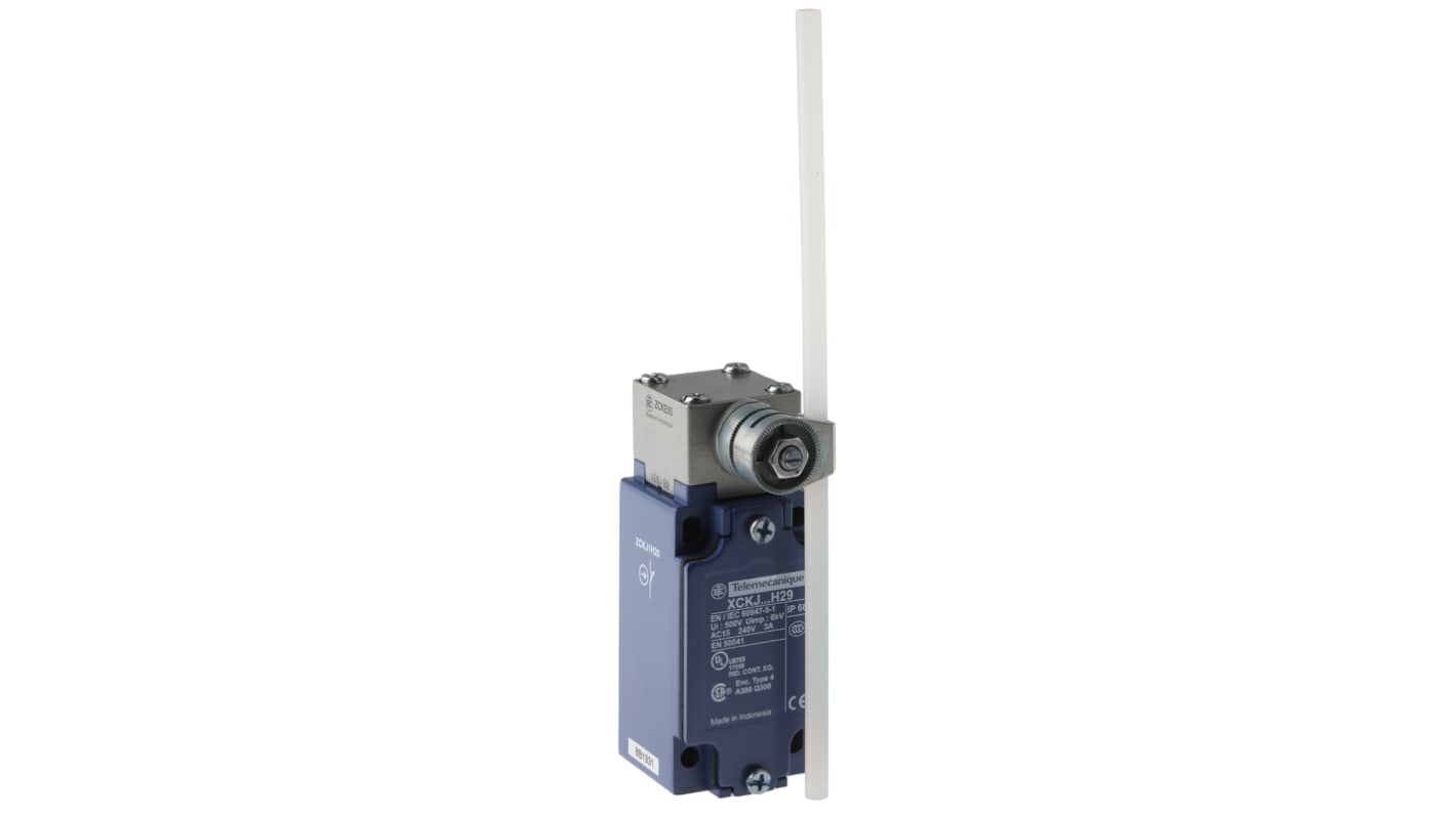 Interruttore di fine corsa Telemecanique Sensors XCKJ10559H29, leva NO/NC, IP66, 240V, 10A, dimensioni 77x40x44mm.