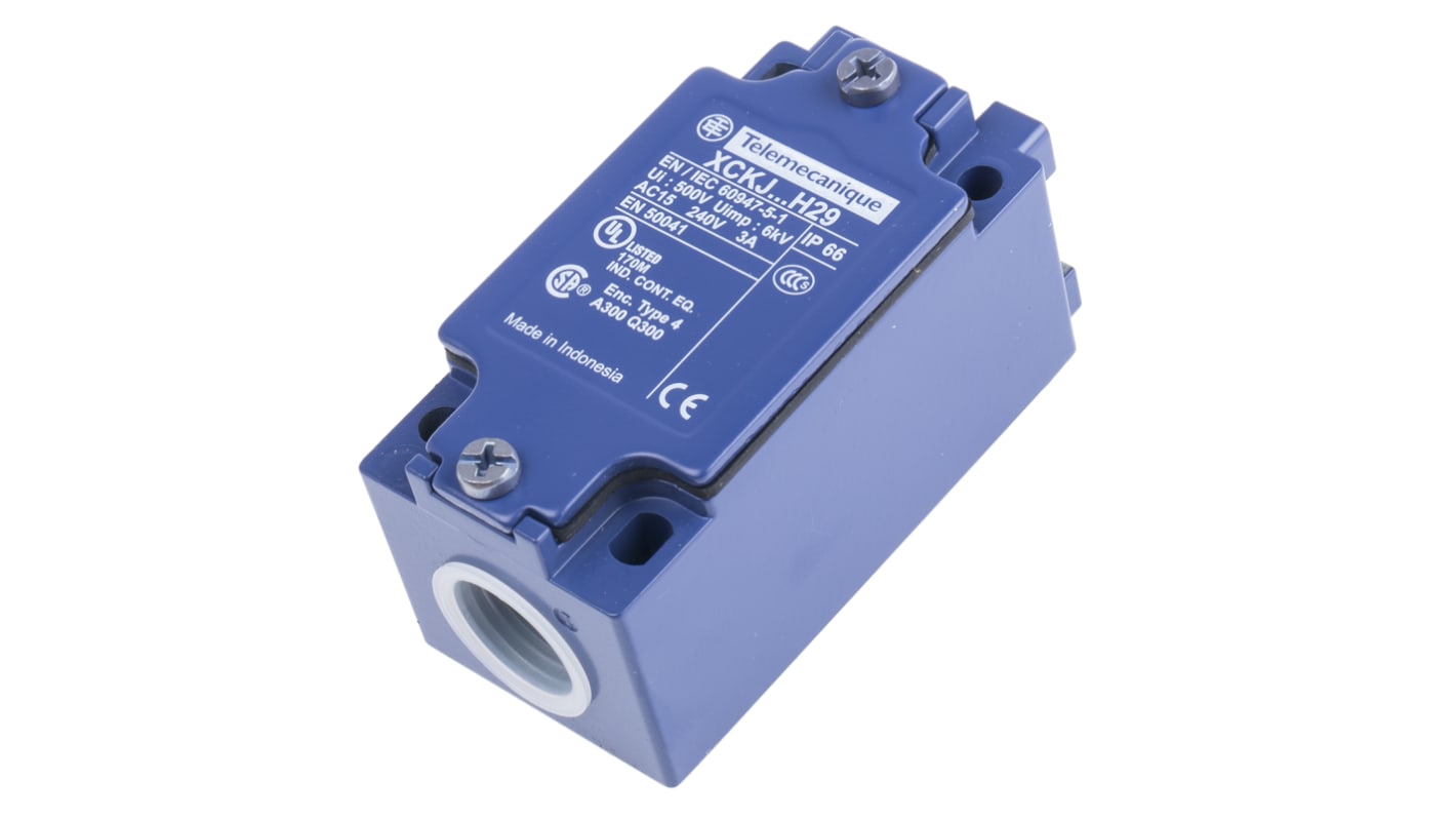Interruttore di fine corsa Telemecanique Sensors ZCKJ5H29, contatti NO/NC, corpo metallico, protezione IP65, dimensioni 77mm x 40mm x 44mm.