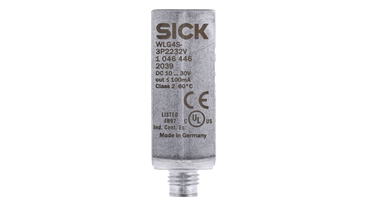 Sensore fotoelettrico rettangolare Sick WLG4S-3P2232V, rilevamento fino a 5 m, con connettore M8, grado di protezione IP68/IP69K.
