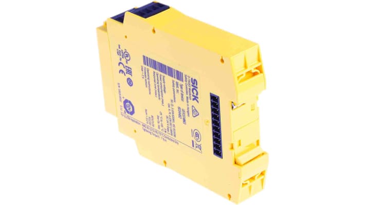 Controller di sicurezza Sick UE410-MM3, dimensioni 96.5 x 120.8 x 22.5 mm, tensione 30 V c.c., corrente max 2 A.