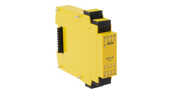 Modulo I/O Sick FX3-XTIO84002 per Flexi Soft, 24 V c.c., 8 ingressi e 4 uscite di sicurezza, montaggio su guida DIN, dimensioni 96,5 x 22,5 x 120,8 mm.