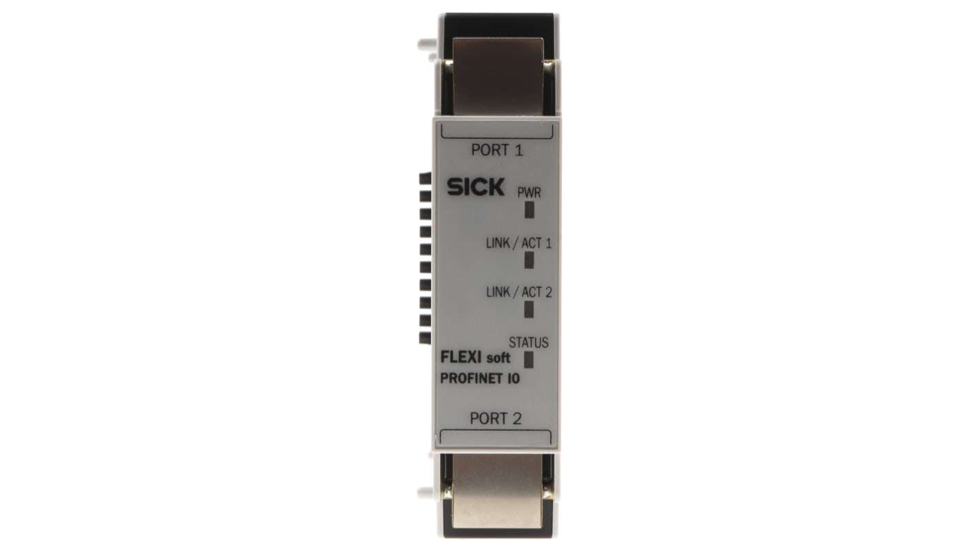 Gateway Sick FX0-GPNT00000 per sistema Flexi Soft, montaggio su guida DIN, dimensioni 96,5 x 22,5 x 120,8 mm.