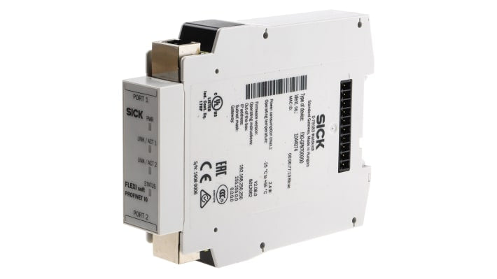 Gateway Sick FX0-GPNT00000 per sistema Flexi Soft, montaggio su guida DIN, dimensioni 96,5 x 22,5 x 120,8 mm.