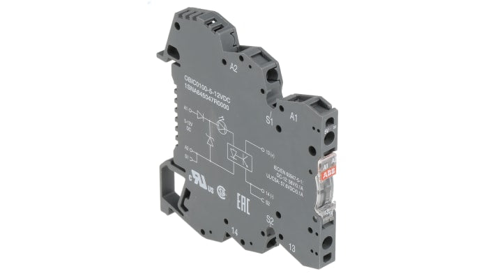 Relè a stato solido ABB per guida DIN, alimentazione 5-12 V CC, dimensioni 67,5 x 6 x 70 mm, LED di stato, isolamento galvanico.