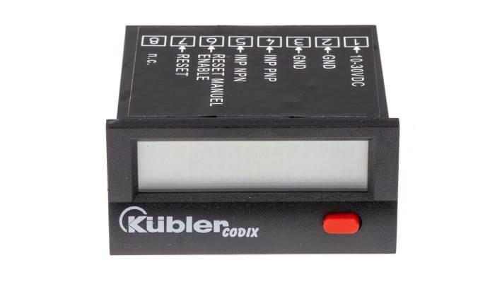 Contatore Kübler 6.140.012.300 con display LCD 7 cifre, montaggio a pannello, alimentazione 10-30 V c.c., IP65. Dimensioni 48x24 mm.