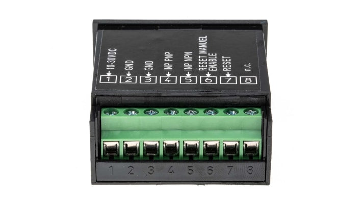 Contatore Kübler 6.140.012.300 con display LCD 7 cifre, montaggio a pannello, alimentazione 10-30 V c.c., IP65. Dimensioni 48x24 mm.