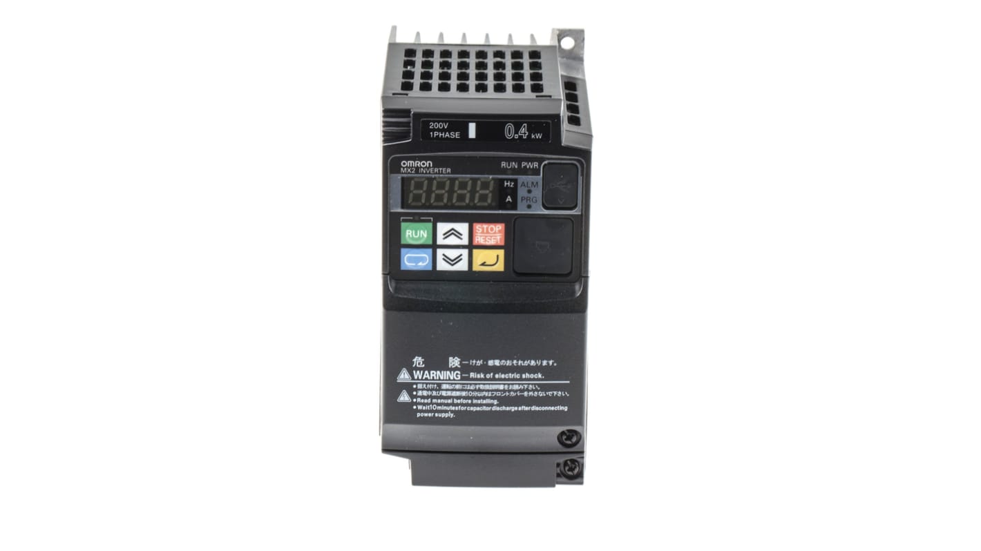 Inverter Omron 3G3MX2AB004ECHN, 0,4 kW, 230 V, 1 fase, IP20, dimensioni 128 x 68 x 123 mm, controllo coppia.