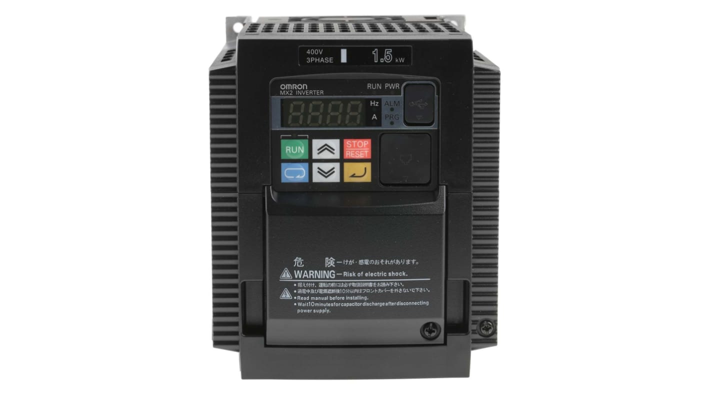 Inverter trifase Omron 3G3MX2-A4015-EV2, potenza 1,5 kW, 400 V, dimensioni 128x171x108 mm, con pannello di controllo e STO.