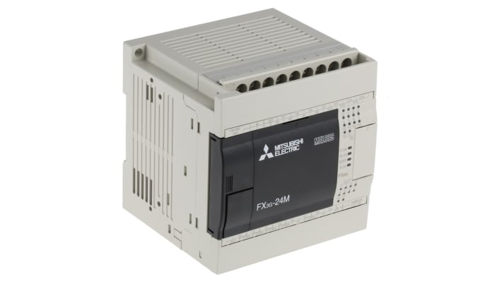 Modulo logico Mitsubishi Electric FX3G-24MR/ES per guida DIN, 14 ingressi, 10 uscite relè, dimensioni 90 x 90 x 86 mm.