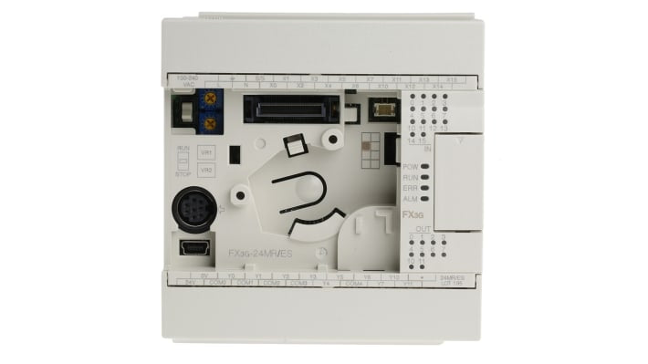 Modulo logico Mitsubishi Electric FX3G-24MR/ES per guida DIN, 14 ingressi, 10 uscite relè, dimensioni 90 x 90 x 86 mm.