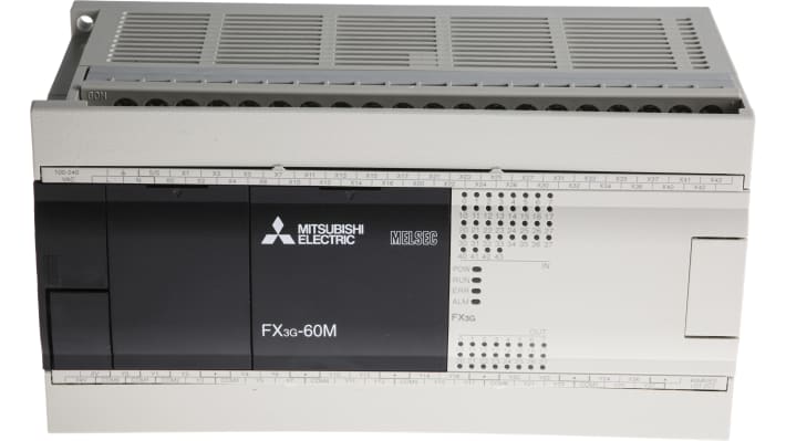 Modulo logico Mitsubishi Electric FX3G-60MR-ES, 36 ingressi, 24 uscite relè, montaggio su guida DIN, dimensioni 175 x 90 x 86 mm.