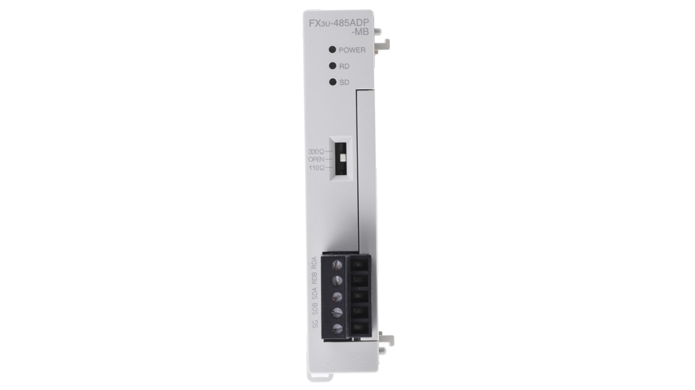 Modulo di espansione Mitsubishi Electric FX3U-485ADP-MB per PLC Serie FX3U, interfacce RS232, RS422, RS485, dimensioni 106 x 17,6 x 89,5 mm.