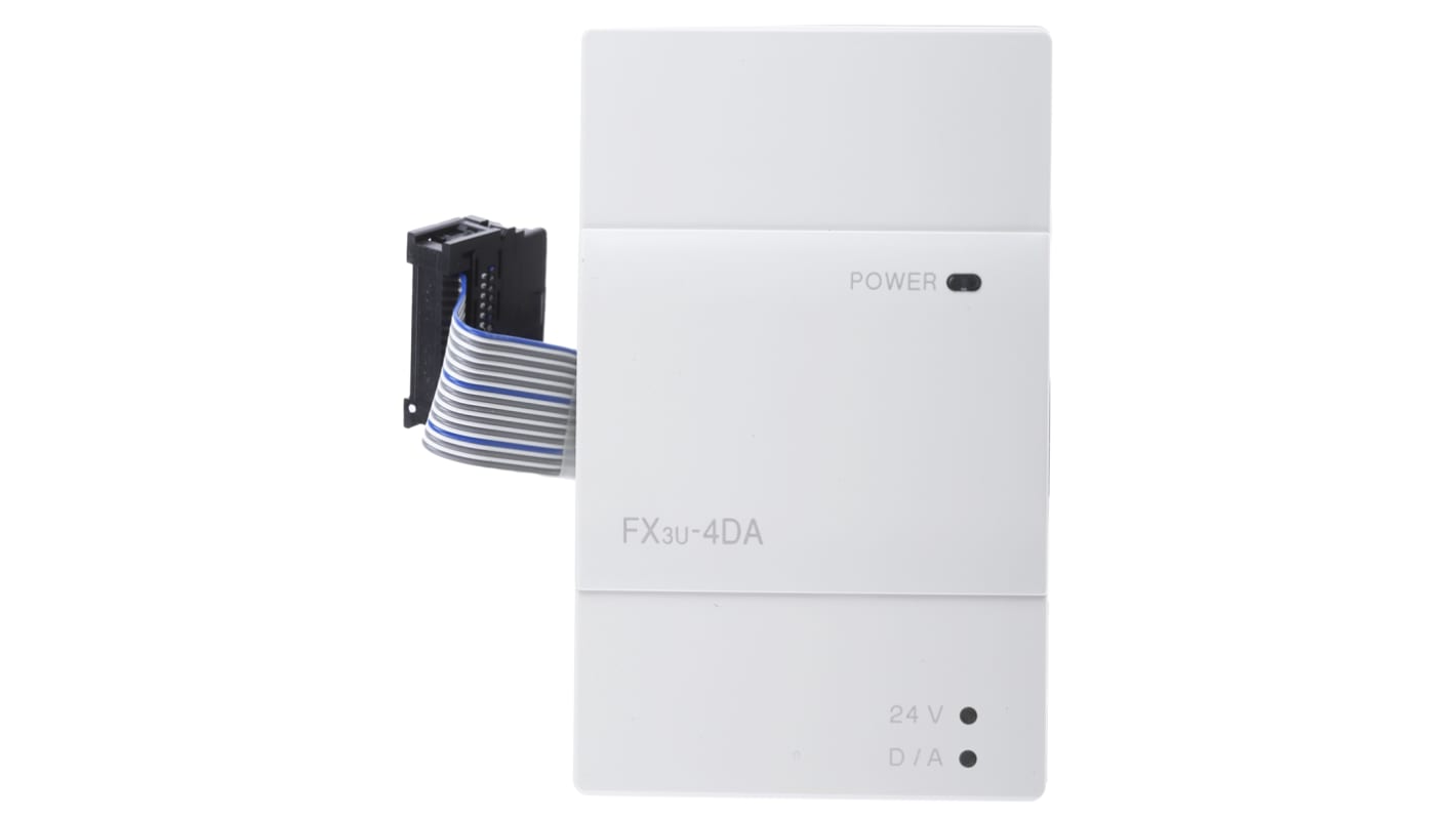 Modulo I/O Mitsubishi Electric FX3U-4DA per PLC MELSEC FX, 4 canali analogici, dimensioni 90 x 55 x 87 mm.