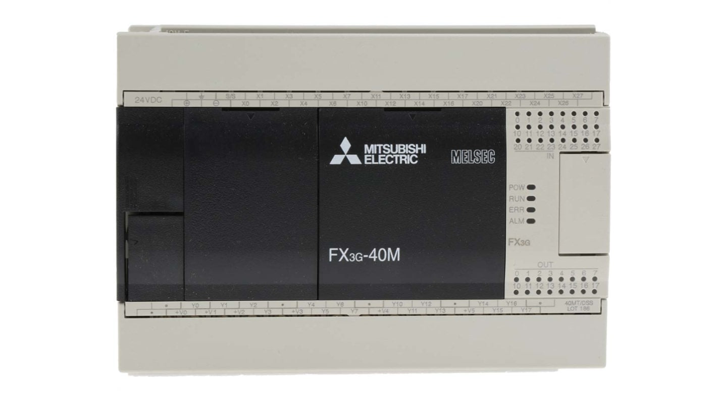Modulo logico Mitsubishi Electric FX3G-40MT-DSS, 24 ingressi, 16 uscite, montaggio su guida DIN, dimensioni 130 x 90 x 86 mm.