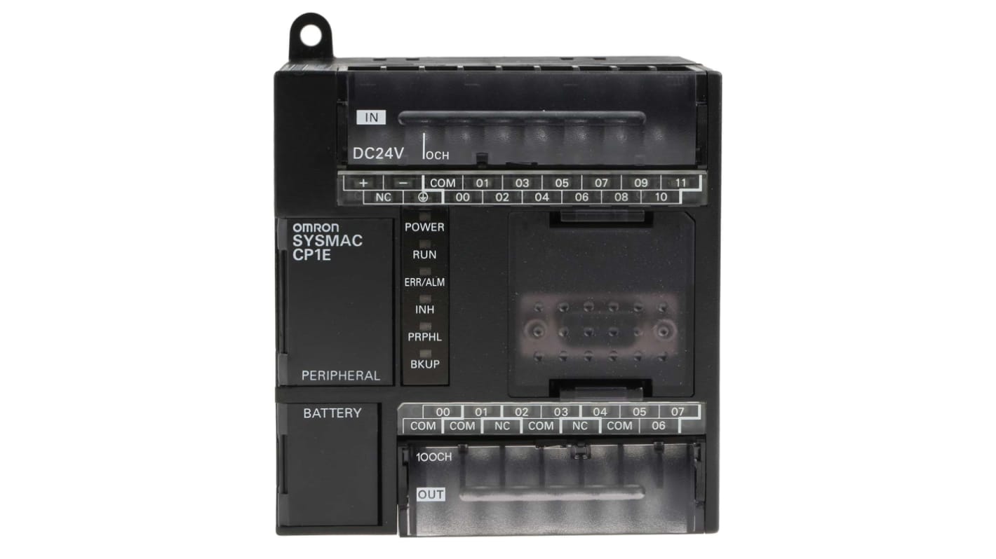 Omron CP1E-N20DR-D, CPU PLC con 12 ingressi digitali, 8 uscite relè, montaggio su guida DIN, dimensioni 86 x 110 x 85 mm.