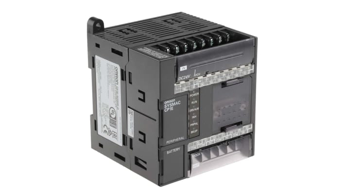 Omron CP1E-N20DR-D, CPU PLC con 12 ingressi digitali, 8 uscite relè, montaggio su guida DIN, dimensioni 86 x 110 x 85 mm.