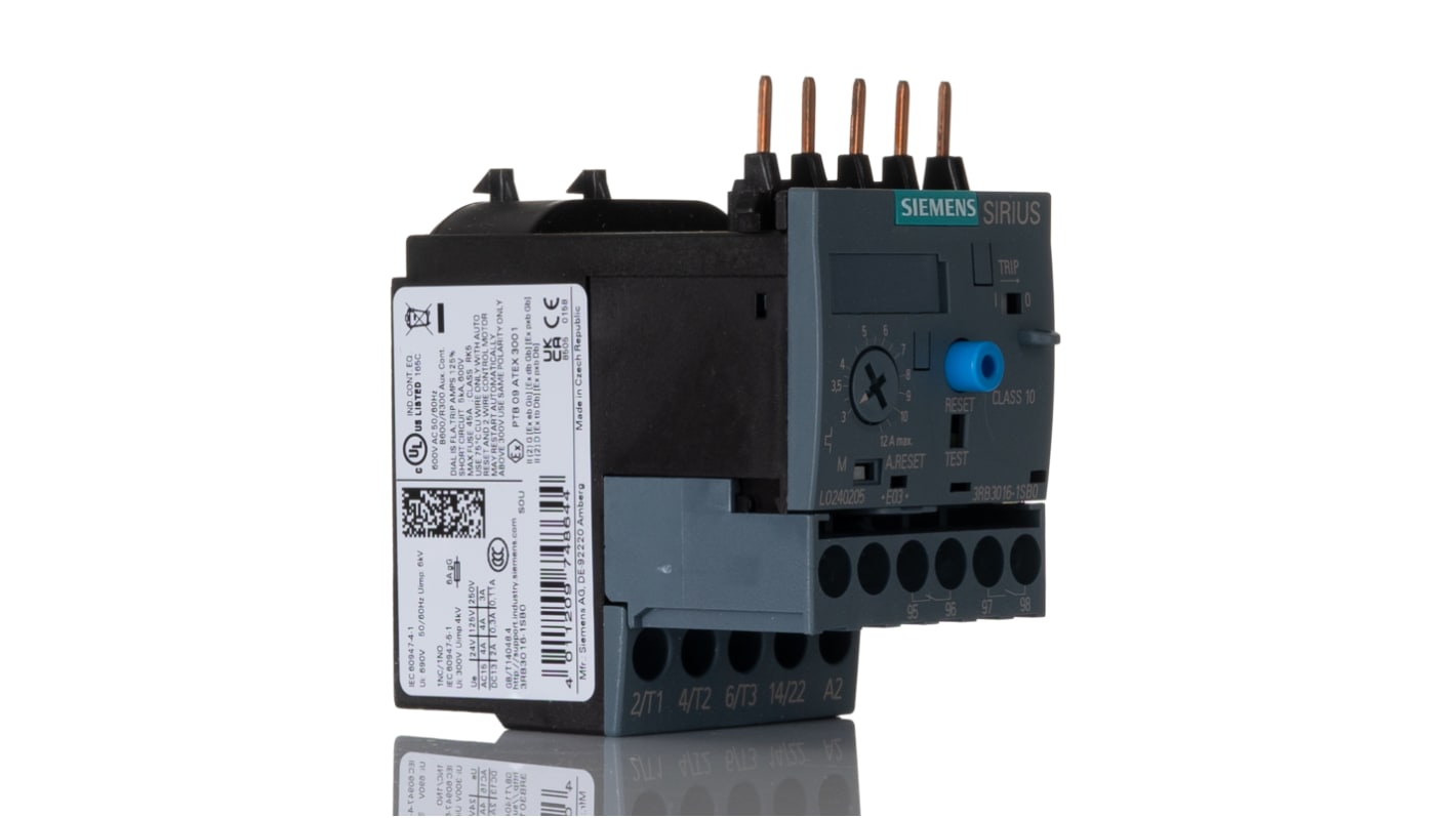 Relè di sovraccarico a stato solido Siemens 3RB3016-1SB0, 1 NO + 1 NC, 12 A, montaggio diretto, dimensioni 45x72,5x64,7 mm.