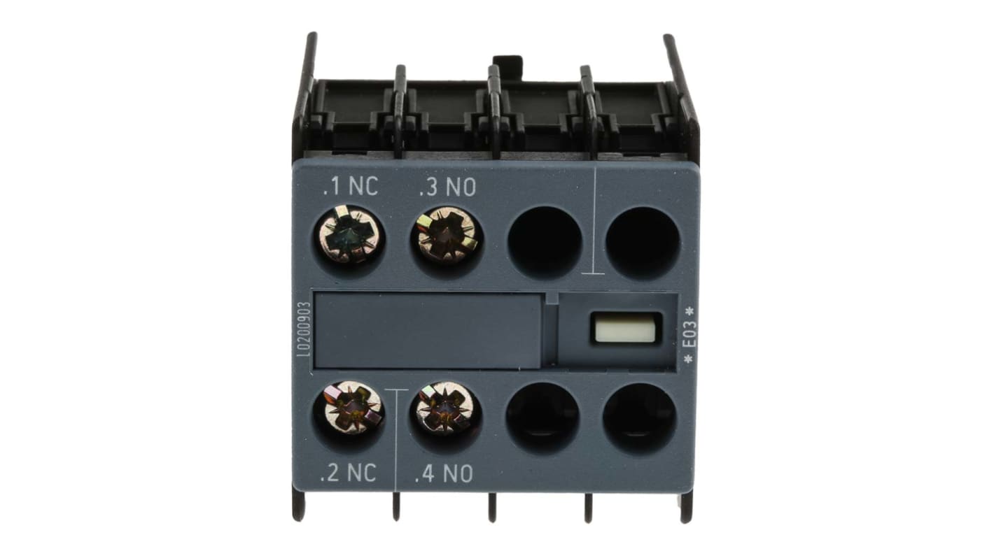 Contatto ausiliario Siemens 3RH2911-1HA11 con 2 contatti (1 N/C + 1 N/A), montaggio a innesto, per contattori serie 3RH2. Ideale per applicazioni professionali.