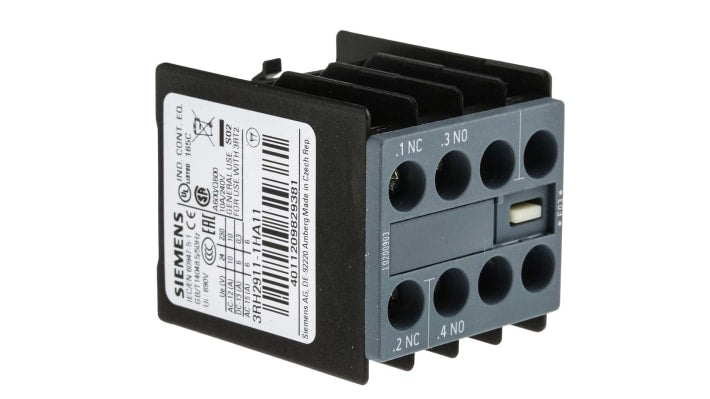 Contatto ausiliario Siemens 3RH2911-1HA11 con 2 contatti (1 N/C + 1 N/A), montaggio a innesto, per contattori serie 3RH2. Ideale per applicazioni professionali.