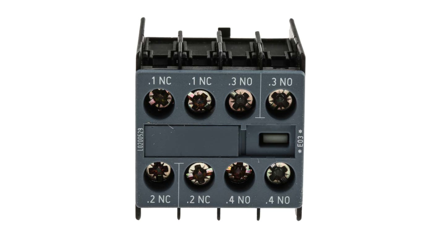 Contatto ausiliario Siemens 3RH2911-1HA22, 4 contatti (2NC + 2NO), montaggio a innesto. Ideale per potenziare sistemi elettrici industriali.