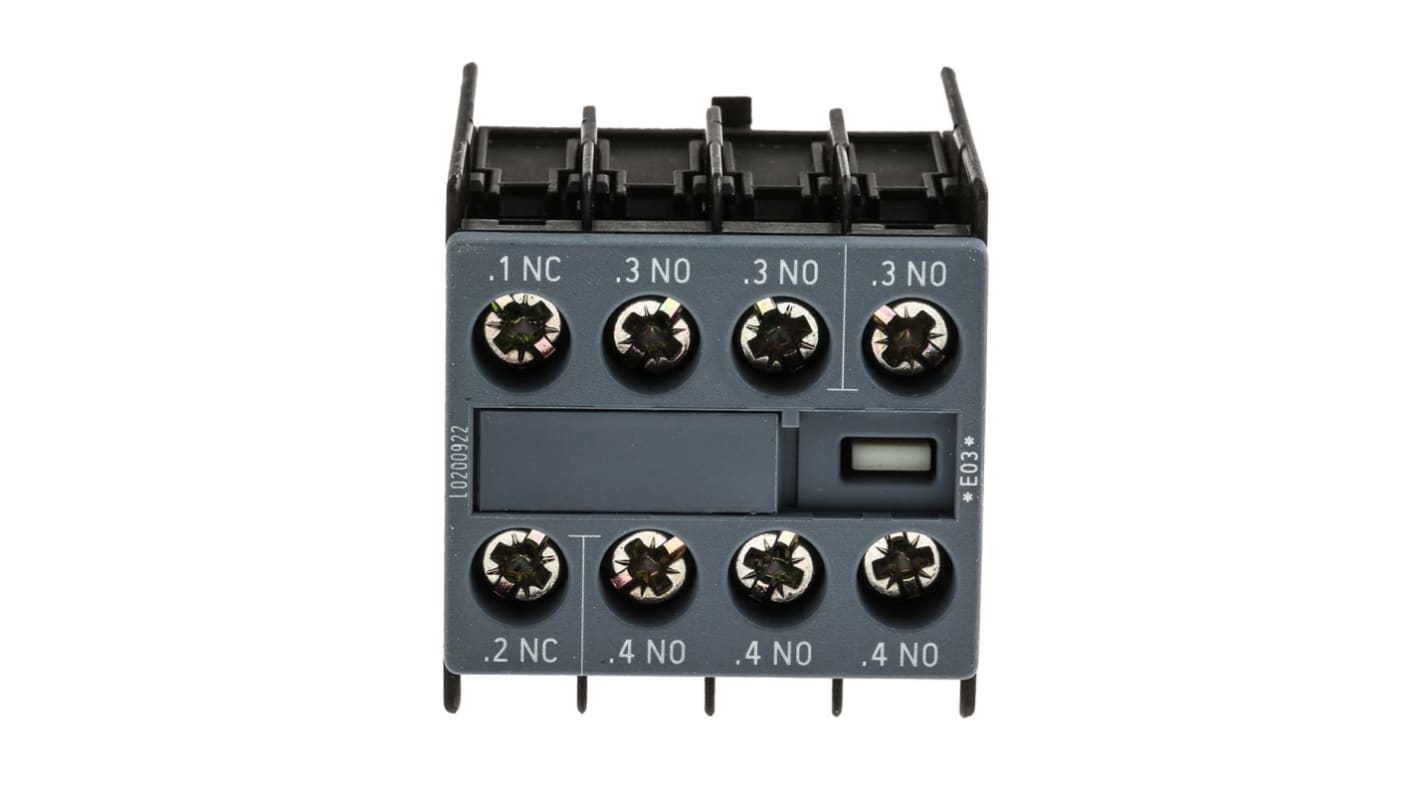 Contatto ausiliario Siemens 3RH2911-1HA31, 4PST, tensione nominale 690V, montaggio a innesto. Affidabile e compatto per relè e contattori.