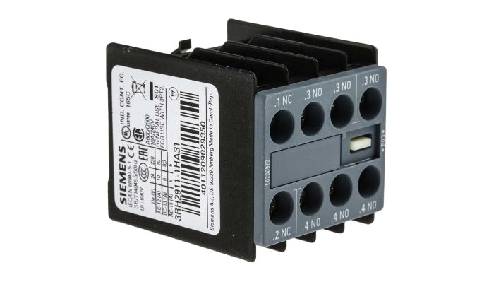 Contatto ausiliario Siemens 3RH2911-1HA31, 4PST, tensione nominale 690V, montaggio a innesto. Affidabile e compatto per relè e contattori.