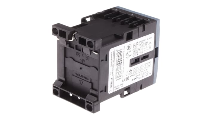 Contattore Siemens 3 poli 7A 3kW 24V CA per avviamenti motori - Modello 3RT2015-1AB01, resistente alle sovratensioni, montaggio su guida DIN.