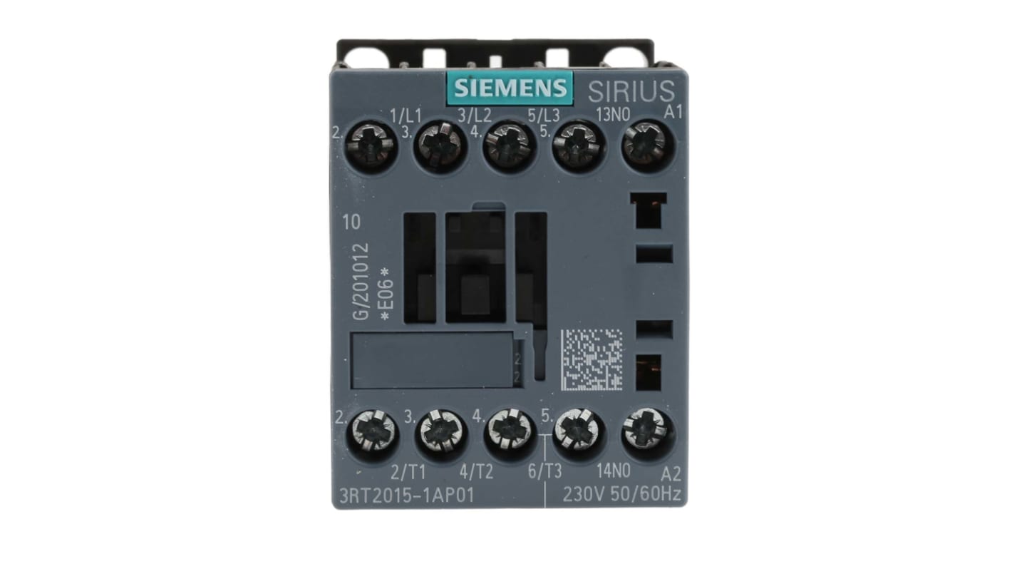 Contattore Siemens 3RT2015-1AP01, 3 poli 7A 230V c.a. - Serie 3RT2 per motori e illuminazione industriale. Potenza 3kW, dimensioni compatte.