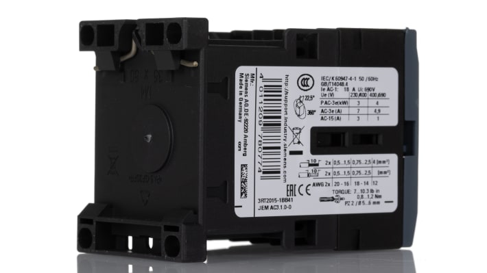 Contattore tripolare Siemens 3RT2015-1BB41 - 7A 3kW - Serie SIRIUS. Fusibili integrati, montaggio snap-on. Per applicazioni industriali.