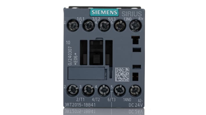 Contattore tripolare Siemens 3RT2015-1BB41 - 7A 3kW - Serie SIRIUS. Fusibili integrati, montaggio snap-on. Per applicazioni industriali.