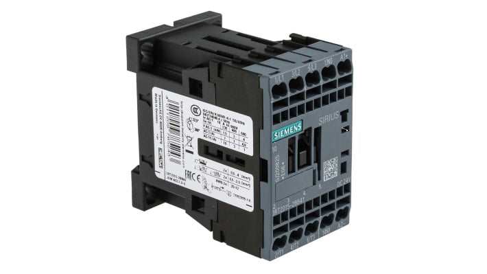Contattore Siemens 3RT2015-2BB41, 3 poli, 7 A, 3 kW, bobina 24 V c.c. per alta corrente, efficienza e protezione sovratensioni.