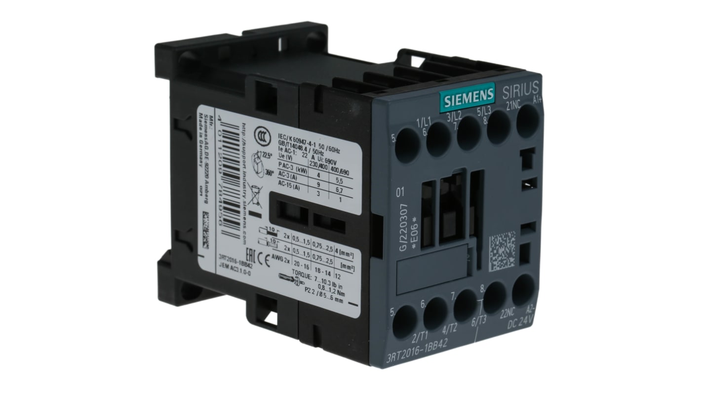 Contattore di potenza Siemens 3RT2016-1BB42 - 4 kW, 24 V CC, Serie SIRIUS 3RT2 per motori industriali - Protezione cortocircuito.