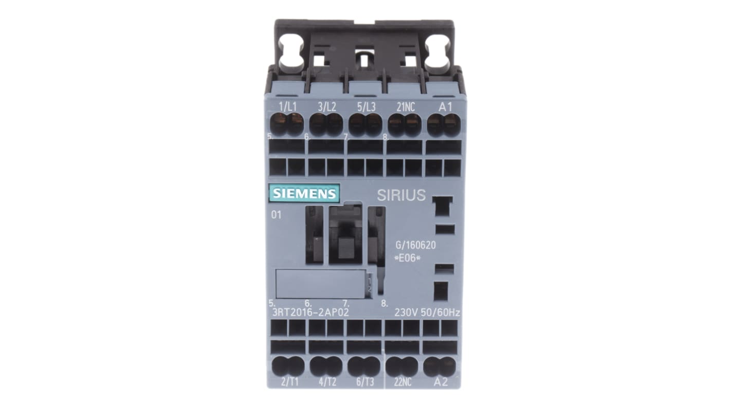 Contattore Siemens 3RT2016-2AP02, 3 poli, 9 A, 4 kW, tensione bobina 230 V c.a., dimensioni 45x70x73 mm.